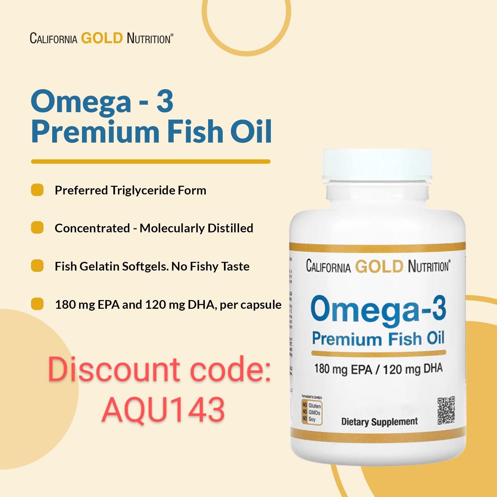 California Gold Nutrition®️ Omega-3 Premium Fish Oil – 5% discount with iHerb code AQU143